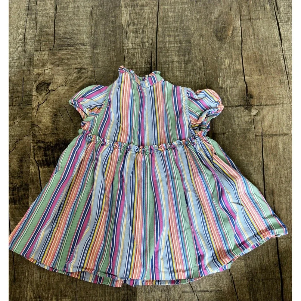 Ralph Lauren Baby Girl Multi Color Striped‎ Ruffle Collar Cotton Dress 9M